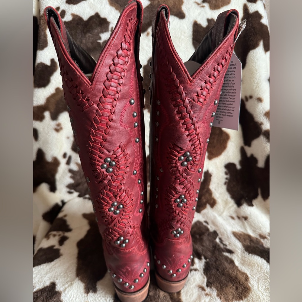 Lane Cossette Red Leather Cowboy Boots with Studs - Picture 6 of 7